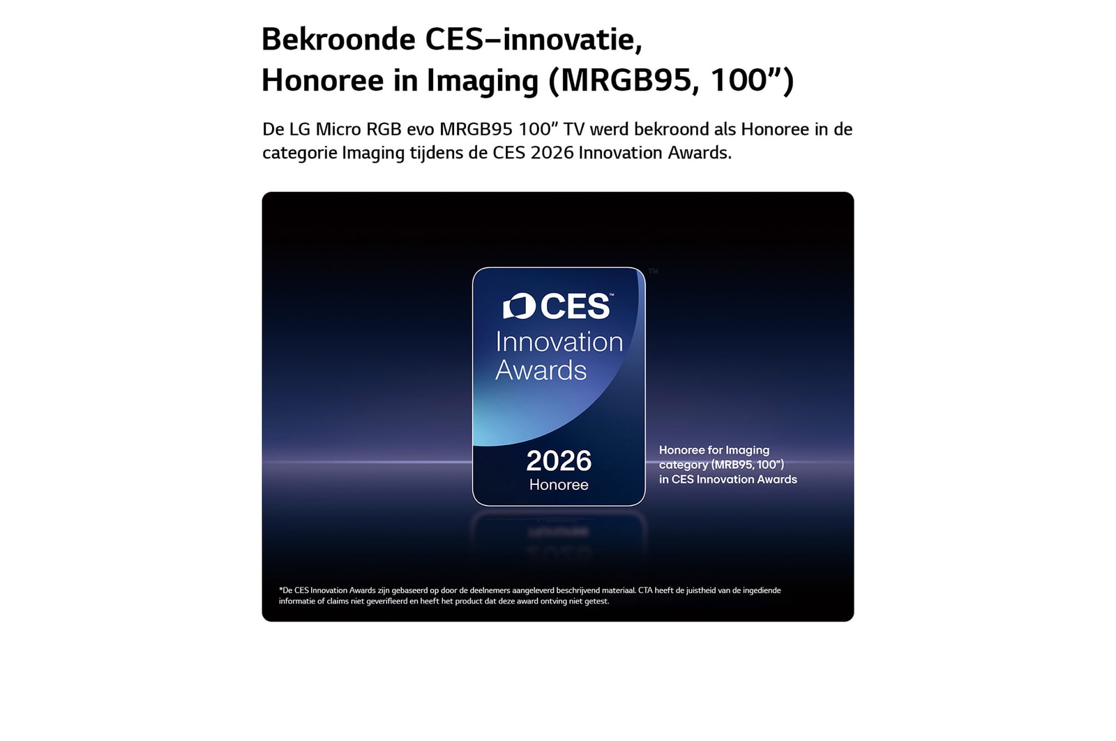 2026 CES Innovation Awards Erebadge in de categorie Imaging voor het MRGB95 100-inch display